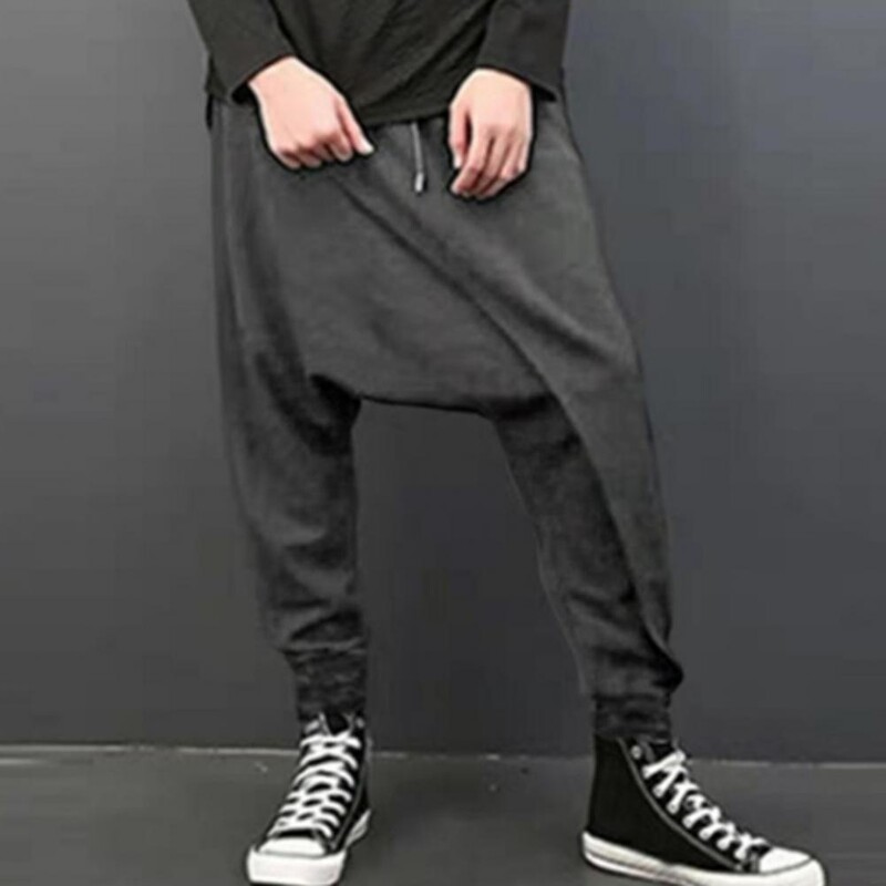Pantaloni harem pentru bărbați, supradimensionați, cu crotch, talie elastică, hip-hop, skateboard, fitness, pantaloni harem vintage, pantaloni largi, largi