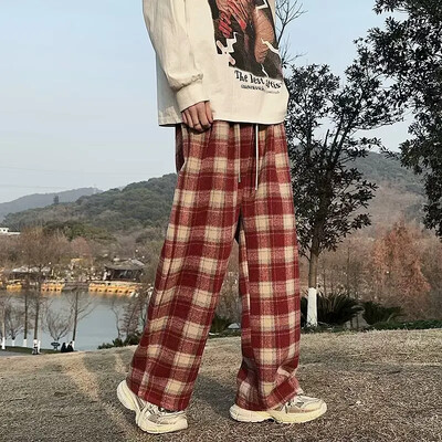 Vintažinio amerikietiško stiliaus „Tweed Plaid“ vyriškos kelnės laisvos tiesios plačios laisvalaikio kelnės Madingos prekės ženklo „Punk Rock Streetwear“