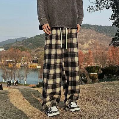 Vintažinio amerikietiško stiliaus „Tweed Plaid“ vyriškos kelnės laisvos tiesios plačios laisvalaikio kelnės Madingos prekės ženklo „Punk Rock Streetwear“