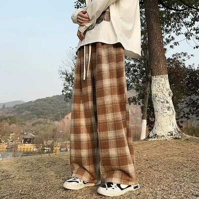 Vintažinio amerikietiško stiliaus „Tweed Plaid“ vyriškos kelnės laisvos tiesios plačios laisvalaikio kelnės Madingos prekės ženklo „Punk Rock Streetwear“