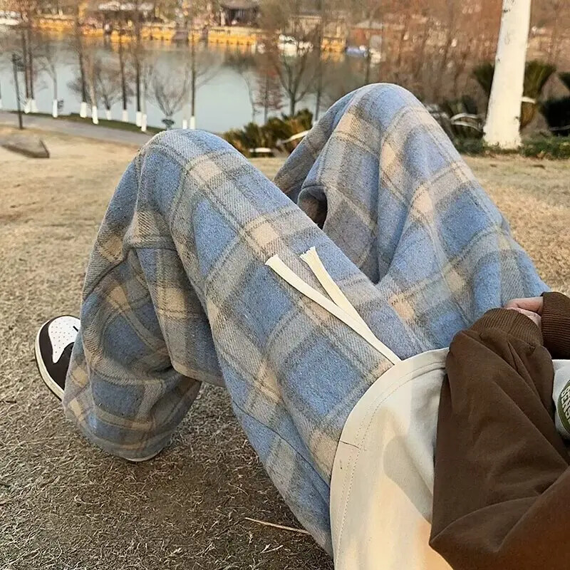 Vintažinio amerikietiško stiliaus „Tweed Plaid“ vyriškos kelnės laisvos tiesios plačios laisvalaikio kelnės Madingos prekės ženklo „Punk Rock Streetwear“