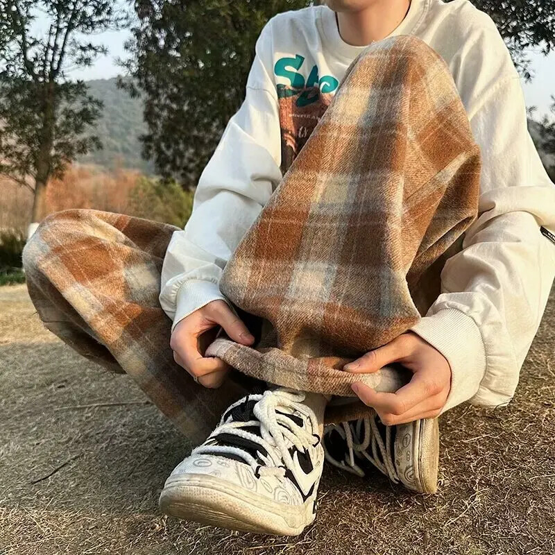 Vintažinio amerikietiško stiliaus „Tweed Plaid“ vyriškos kelnės laisvos tiesios plačios laisvalaikio kelnės Madingos prekės ženklo „Punk Rock Streetwear“