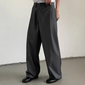 Pantaloni de costum gri pentru bărbați, uni, largi, pliați, drepti, lați, pantaloni vintage de modă