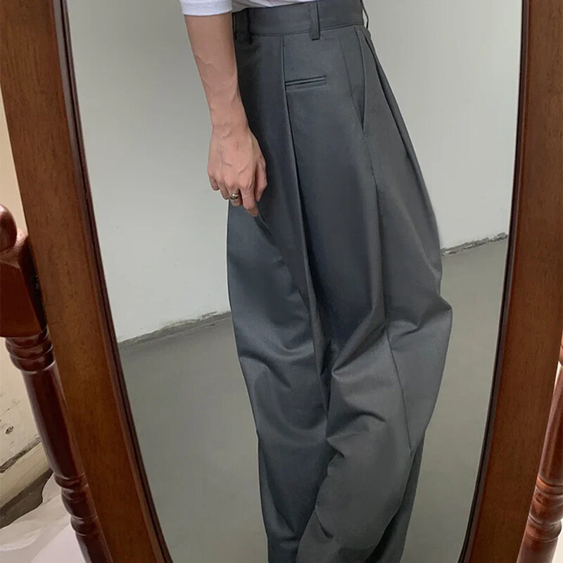 Pantaloni de costum gri pentru bărbați, uni, largi, pliați, drepti, lați, pantaloni vintage de modă