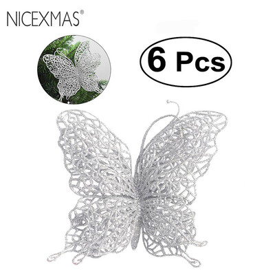 NICEXMAS 6Pcs Božićni leptir 3"/8cm Božićni ukrasi Cvjetni cvjetni vijenac Dekoracije Ukrasi Svadbena zabava