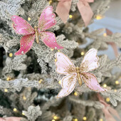 Ροζ Κλιπ πεταλούδας Διακοσμήσεις Χριστουγεννιάτικου Δέντρου Τεχνητά στολίδια με λουλούδια πεταλούδας για Χριστουγεννιάτικο Πρωτοχρονιάτικο στεφάνι χριστουγεννιάτικου δέντρου