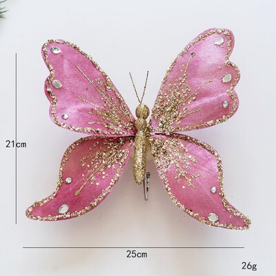 Ροζ Κλιπ πεταλούδας Διακοσμήσεις Χριστουγεννιάτικου Δέντρου Τεχνητά στολίδια με λουλούδια πεταλούδας για Χριστουγεννιάτικο Πρωτοχρονιάτικο στεφάνι χριστουγεννιάτικου δέντρου