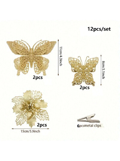 12vnt Auksinių drugelių kalėdinės gėlės su spaustukais Kalėdų eglutės dekoravimui drugelių gėlės Kalėdų vestuvių vakarėlio reikmenys