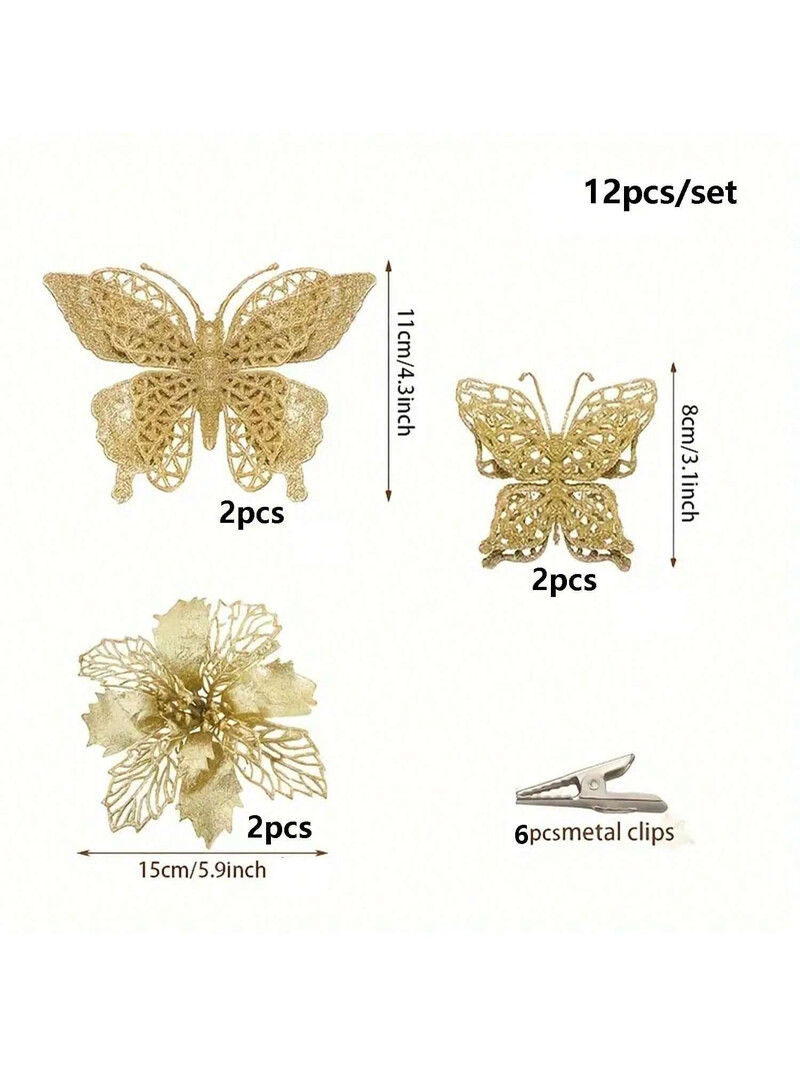 12vnt Auksinių drugelių kalėdinės gėlės su spaustukais Kalėdų eglutės dekoravimui drugelių gėlės Kalėdų vestuvių vakarėlio reikmenys