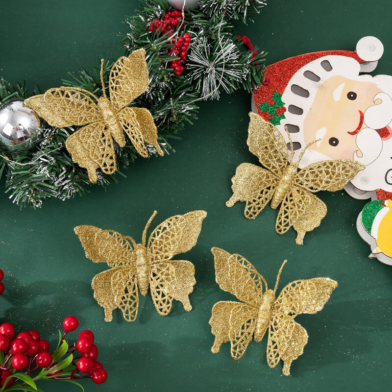 12vnt Auksinių drugelių kalėdinės gėlės su spaustukais Kalėdų eglutės dekoravimui drugelių gėlės Kalėdų vestuvių vakarėlio reikmenys