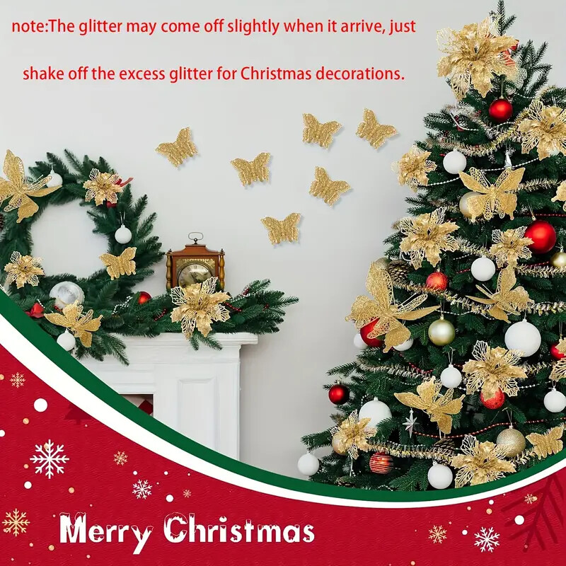 12vnt Auksinių drugelių kalėdinės gėlės su spaustukais Kalėdų eglutės dekoravimui drugelių gėlės Kalėdų vestuvių vakarėlio reikmenys