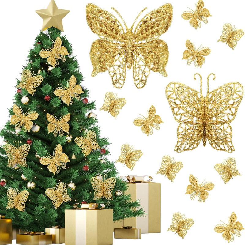 12vnt Auksinių drugelių kalėdinės gėlės su spaustukais Kalėdų eglutės dekoravimui drugelių gėlės Kalėdų vestuvių vakarėlio reikmenys