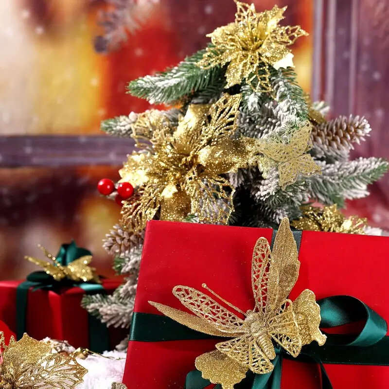 12vnt Auksinių drugelių kalėdinės gėlės su spaustukais Kalėdų eglutės dekoravimui drugelių gėlės Kalėdų vestuvių vakarėlio reikmenys