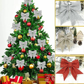 6 бр. Коледни лъкове Висящи декорации Златни, сребърни панделки Коледна елха Висулка Орнаменти с панделки Новогодишна Коледна парти декорация