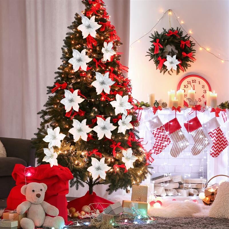 Ziemassvētku ziedi Poinsettia Mākslīgie koku rotājumi Ziedu mirdzumi Viltus sudraba dekoratīvi balti kāzu rotājumi spīdumi