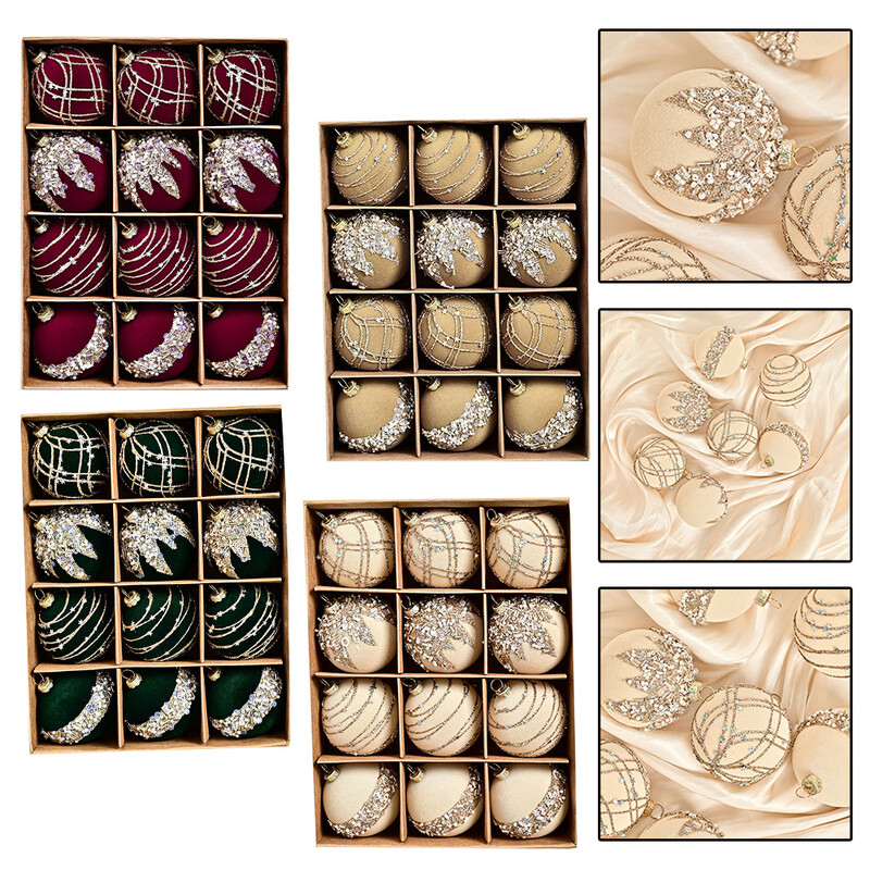 Χριστουγεννιάτικα στολίδια χριστουγεννιάτικου δέντρου Σετ 12 6cm Flocking Velvet Diamond Sequin Balls για διακοσμήσεις εσωτερικού και εξωτερικού χώρου