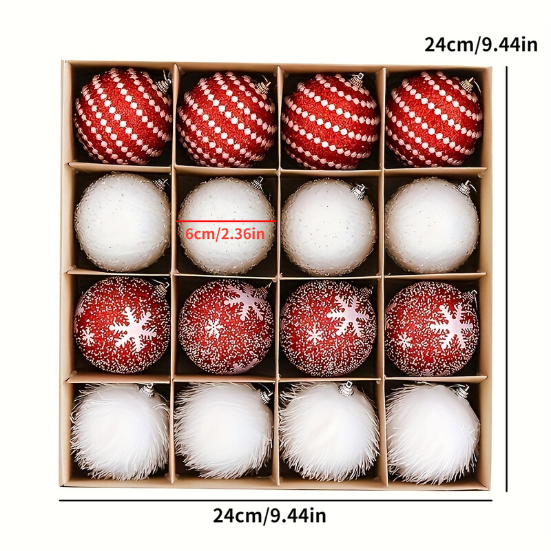 16 vnt Prabangus Kalėdų eglutės papuošalų rinkinys – rankų darbo balti pliušiniai ir laidiniai rutuliai šventiniam šventiniam dekoravimui