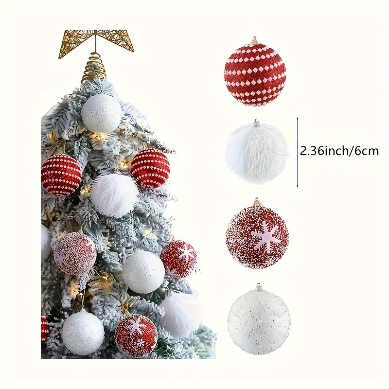 16 vnt Prabangus Kalėdų eglutės papuošalų rinkinys – rankų darbo balti pliušiniai ir laidiniai rutuliai šventiniam šventiniam dekoravimui