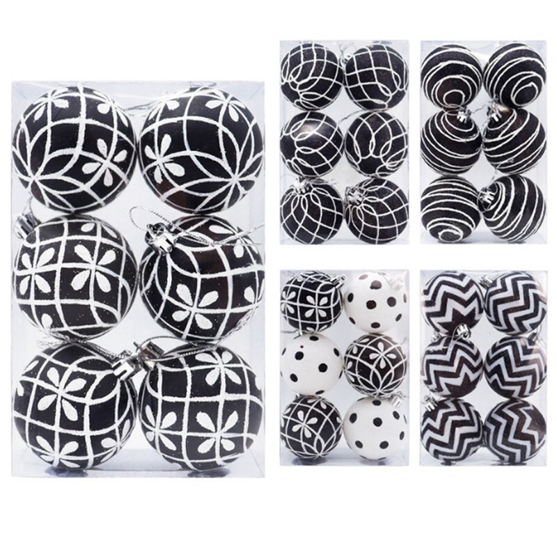 6 vnt/dėžutė Kalėdų eglutės kabantis Kalėdų papuošalas Rankomis dažytas 6 cm juodai baltas pakabinamas rutulys Naujųjų metų dovana