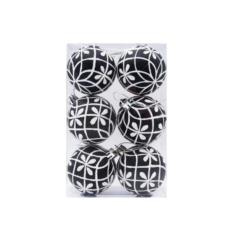 6 vnt/dėžutė Kalėdų eglutės kabantis Kalėdų papuošalas Rankomis dažytas 6 cm juodai baltas pakabinamas rutulys Naujųjų metų dovana