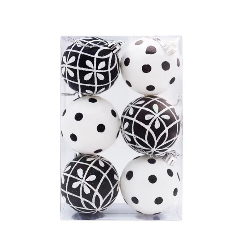 6 vnt/dėžutė Kalėdų eglutės kabantis Kalėdų papuošalas Rankomis dažytas 6 cm juodai baltas pakabinamas rutulys Naujųjų metų dovana