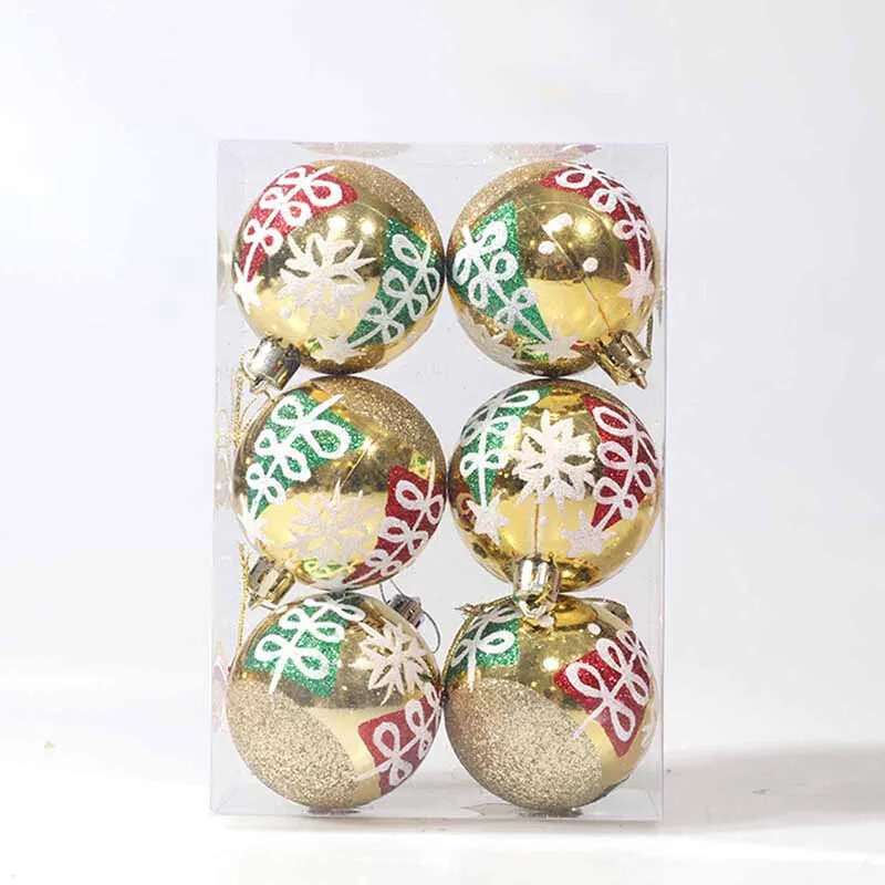 6 cm Kalėdų dekoratyvinių rutulinių papuošalų rinkinys 6 vnt. Blizgantys rankomis piešti Kalėdų eglutės nedūžtantys rutuliniai pakabukai