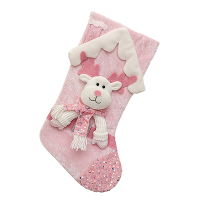 Pink blizgučiai pliušinės kalėdinės kojinės, didelio dydžio sniego senelis briedis Kalėdų senelis Rožiniai blizgučiai pliušinės kalėdinės kojinės