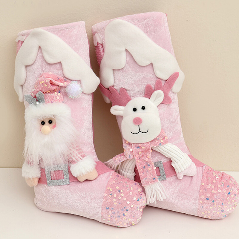 Pink blizgučiai pliušinės kalėdinės kojinės, didelio dydžio sniego senelis briedis Kalėdų senelis Rožiniai blizgučiai pliušinės kalėdinės kojinės