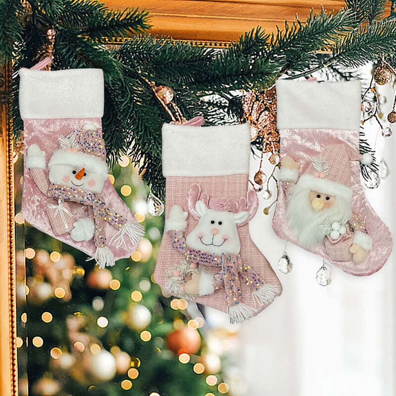 Didelės talpos kalėdinės kojinės Dekoratyvinis dovanų krepšys Kalėdoms su Kalėdų Senelio dizaino rožinėmis karoliukų girliandomis dekoruotomis Kalėdomis