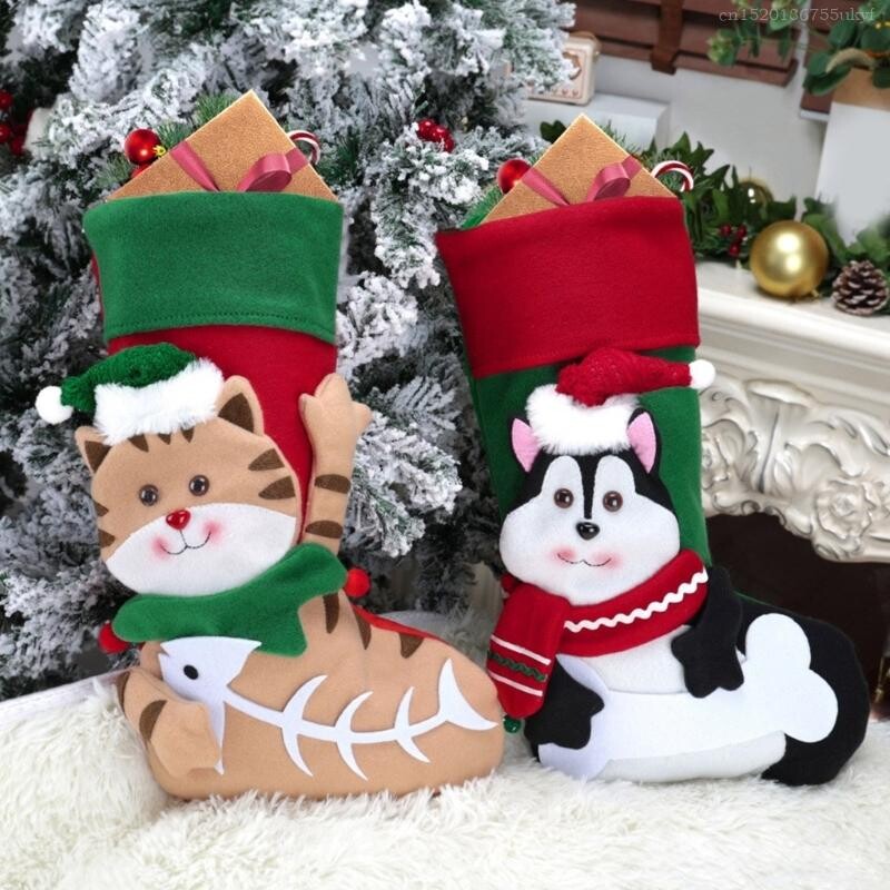 Μοναδικές χριστουγεννιάτικες κάλτσες με θέμα γάτες/σκύλους, ανθεκτικό κεντημένο στολίδι γιορτινή κάλτσα F1FB