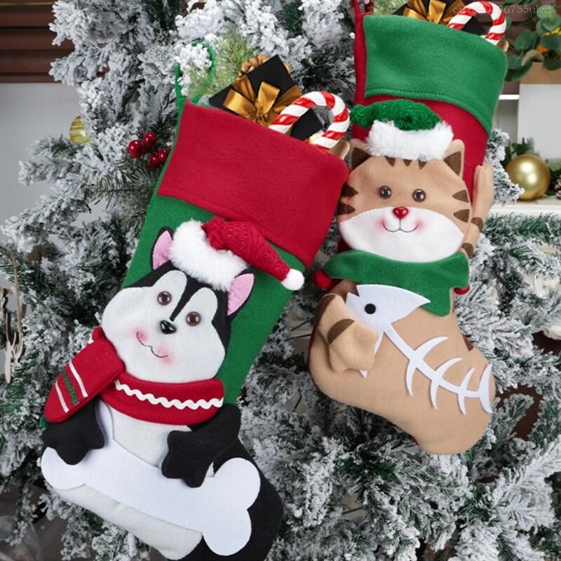 Μοναδικές χριστουγεννιάτικες κάλτσες με θέμα γάτες/σκύλους, ανθεκτικό κεντημένο στολίδι γιορτινή κάλτσα F1FB