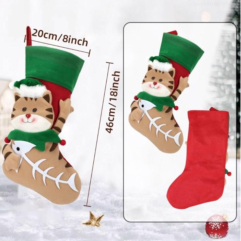 Μοναδικές χριστουγεννιάτικες κάλτσες με θέμα γάτες/σκύλους, ανθεκτικό κεντημένο στολίδι γιορτινή κάλτσα F1FB