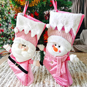 Μεγάλες ροζ χριστουγεννιάτικες κάλτσες από ύφασμα φανέλα Άγιος Βασίλης,Χιονάνθρωπος Χριστουγεννιάτικες κάλτσες Τσάντα δώρου Χριστουγεννιάτικο Κρεμαστό Στολίδι Διακόσμηση σπιτιού