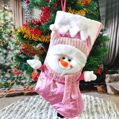 Μεγάλες ροζ χριστουγεννιάτικες κάλτσες από ύφασμα φανέλα Άγιος Βασίλης,Χιονάνθρωπος Χριστουγεννιάτικες κάλτσες Τσάντα δώρου Χριστουγεννιάτικο Κρεμαστό Στολίδι Διακόσμηση σπιτιού