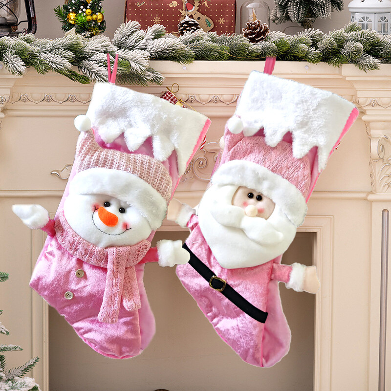 Μεγάλες ροζ χριστουγεννιάτικες κάλτσες από ύφασμα φανέλα Άγιος Βασίλης,Χιονάνθρωπος Χριστουγεννιάτικες κάλτσες Τσάντα δώρου Χριστουγεννιάτικο Κρεμαστό Στολίδι Διακόσμηση σπιτιού