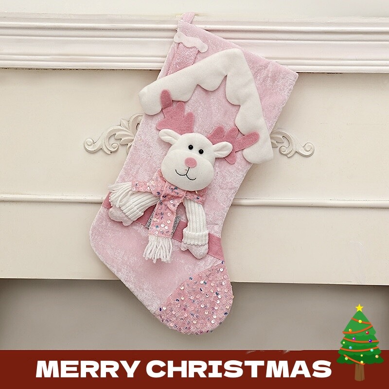 Božićna ružičasta poklon vrećica za čarape sa svjetlucavim plišanim ukrasom Božićna čarapa Poklon vrećica za slatkiše Kuka Novogodišnji ukras 2025.