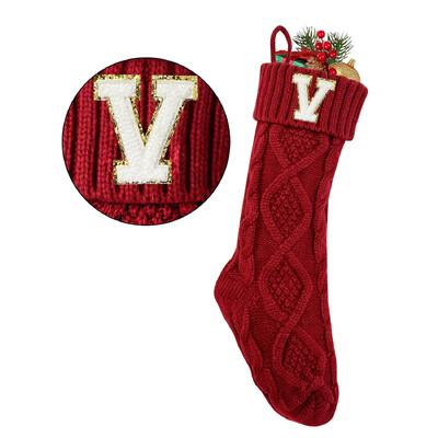 2024. gada sarkanas trikotāžas Ziemassvētku zeķes ar iniciāļiem 18 collu 46 cm akrila šķiedras zeķes mājas Ziemassvētku dekorēšanai