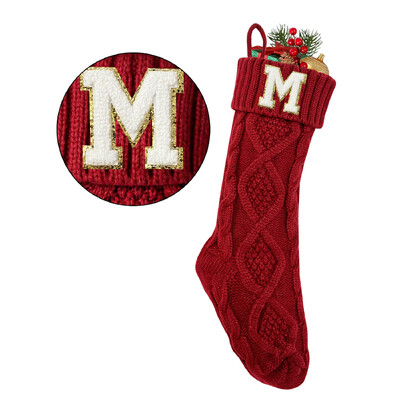 2024. gada sarkanas trikotāžas Ziemassvētku zeķes ar iniciāļiem 18 collu 46 cm akrila šķiedras zeķes mājas Ziemassvētku dekorēšanai