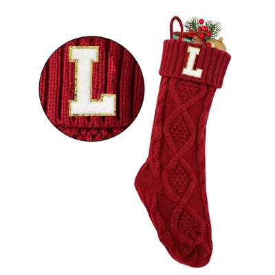 2024. gada sarkanas trikotāžas Ziemassvētku zeķes ar iniciāļiem 18 collu 46 cm akrila šķiedras zeķes mājas Ziemassvētku dekorēšanai