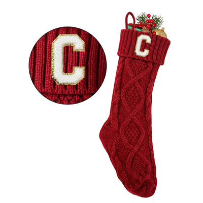 2024. gada sarkanas trikotāžas Ziemassvētku zeķes ar iniciāļiem 18 collu 46 cm akrila šķiedras zeķes mājas Ziemassvētku dekorēšanai