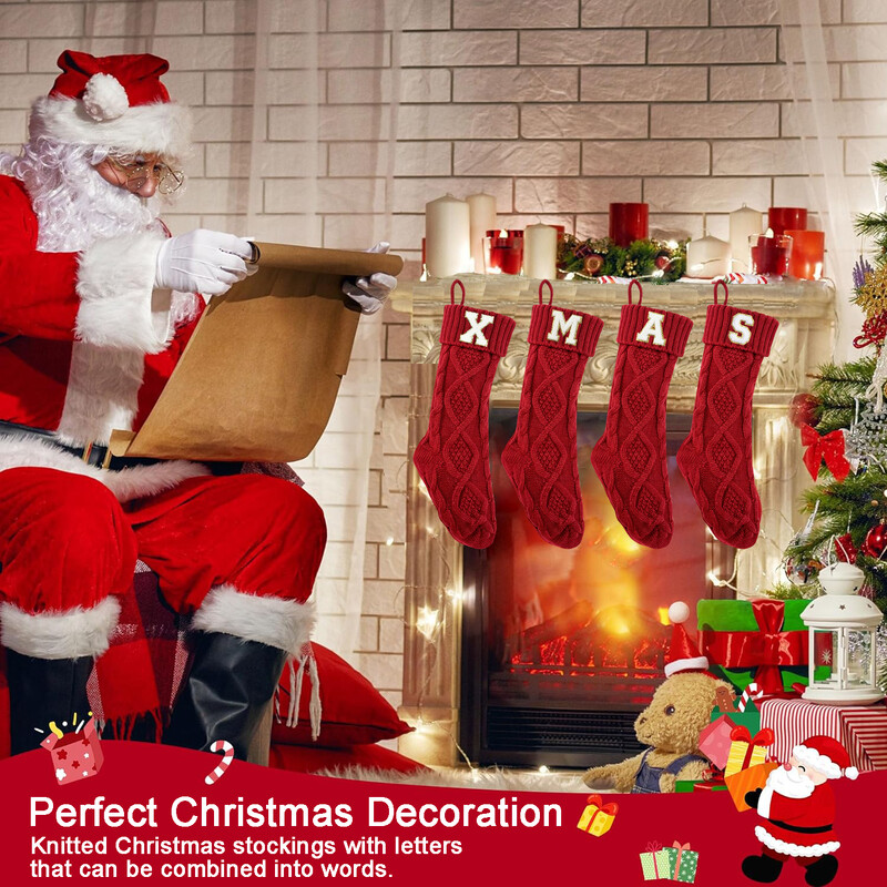 2024. gada sarkanas trikotāžas Ziemassvētku zeķes ar iniciāļiem 18 collu 46 cm akrila šķiedras zeķes mājas Ziemassvētku dekorēšanai