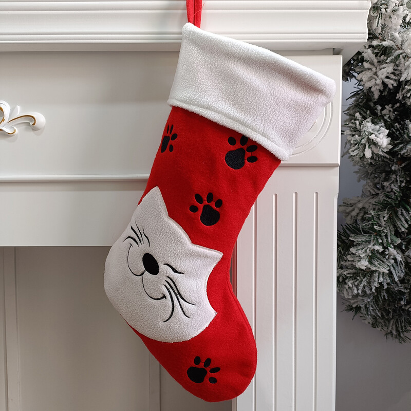 Ciorapi de Crăciun, noutate, modă, pâslă roșie, cu animale de companie albă, pentru pisică, câine, broderie, șemineu de Crăciun, ornament pentru agățat, pungă de cadou de bomboane