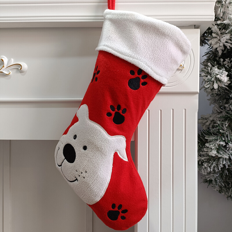 Ciorapi de Crăciun, noutate, modă, pâslă roșie, cu animale de companie albă, pentru pisică, câine, broderie, șemineu de Crăciun, ornament pentru agățat, pungă de cadou de bomboane