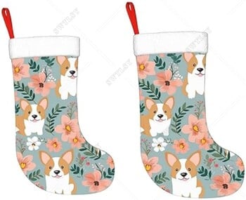 Corgi Floral Flowers Spring Garden Print Коледни чорапи с плюшен маншет Меки коледни висящи чорапи Коледна украса