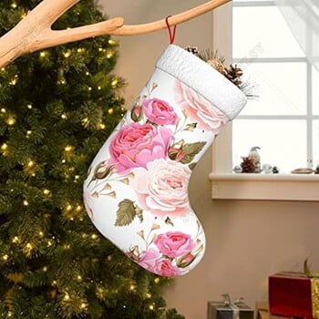 Floral Flower Rose Pink 17,7 ιντσών Χριστουγεννιάτικες κάλτσες για κόκκινη χριστουγεννιάτικη τσάντα δώρου Χριστουγεννιάτικη διακόσμηση σπιτιού