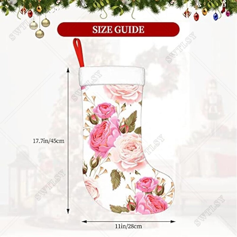 Gėlių gėlių rožių rožinė 17,7 colio kalėdinės kojinės, skirtos raudonoms kalėdinėms kojinėms, dovanų maišelis namų šventiniam dekoravimui