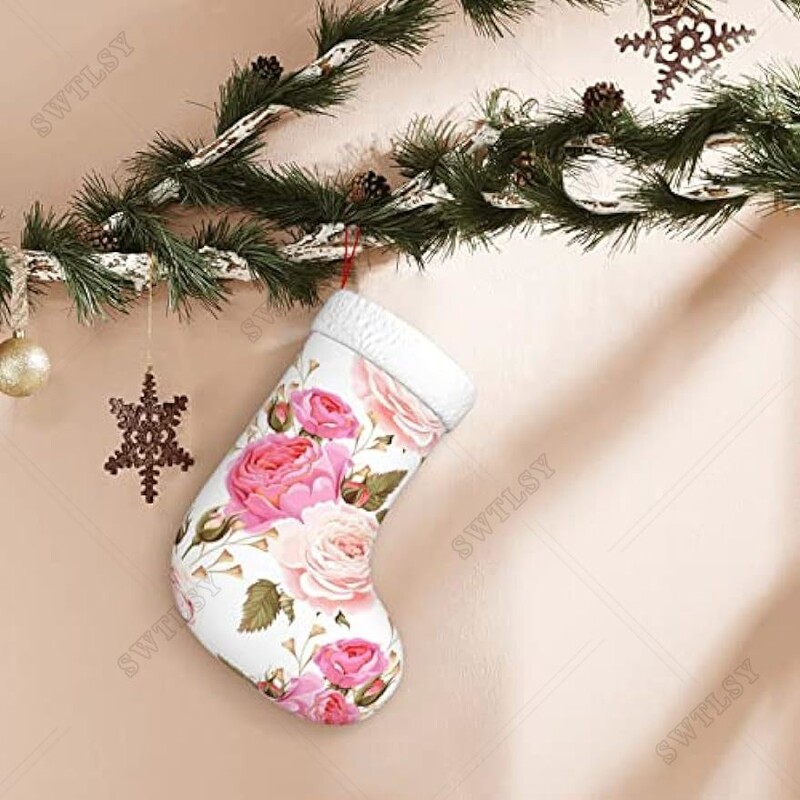 Gėlių gėlių rožių rožinė 17,7 colio kalėdinės kojinės, skirtos raudonoms kalėdinėms kojinėms, dovanų maišelis namų šventiniam dekoravimui