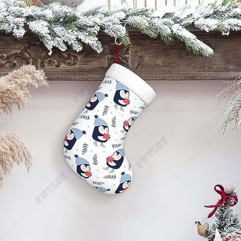 Pingvinai, snaigės, žiema, pačiūžos kalėdinės kojinės kojinės dekoracijos židinio pakabinamos kojinės dekoracijos
