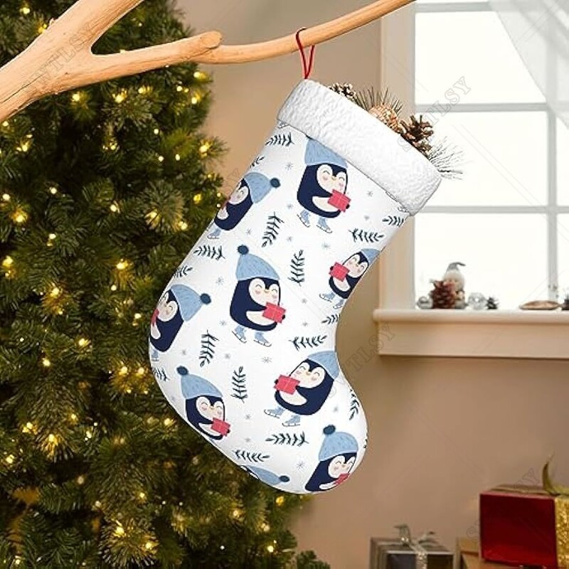 Pingvinai, snaigės, žiema, pačiūžos kalėdinės kojinės kojinės dekoracijos židinio pakabinamos kojinės dekoracijos