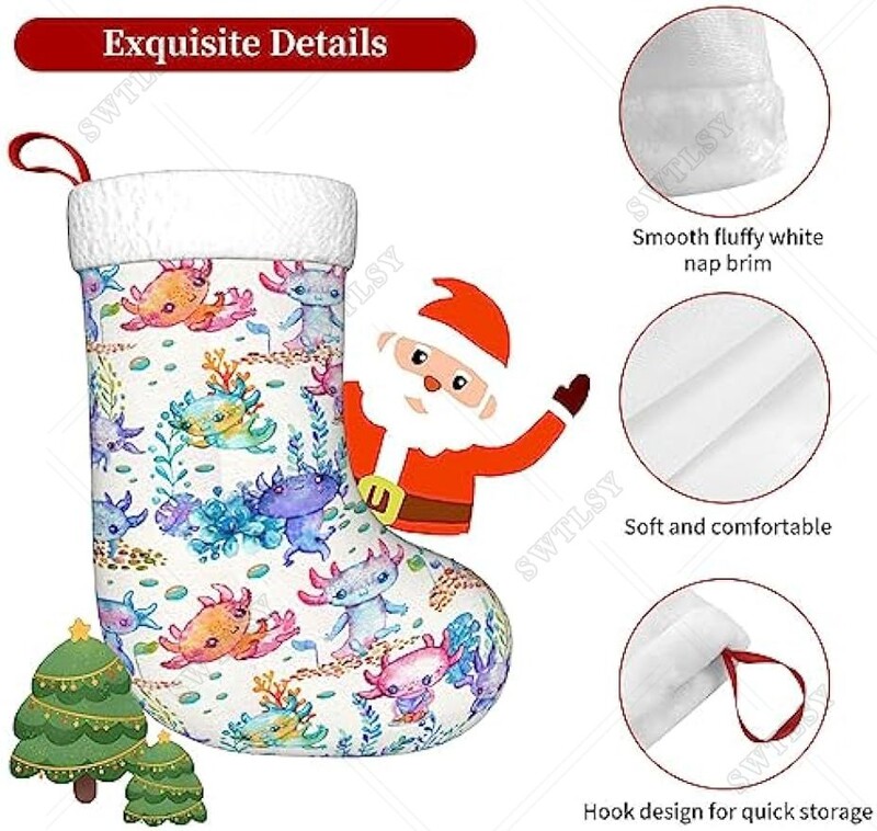 Akvarelis jauks Aksolotla tēli Ziemassvētku zeķes svētku kamīns piekarināmas zeķes Ziemassvētku zeķes klasisks dekors